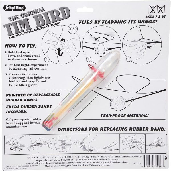 Schylling Tim Bird Flying Toy - Rubberband-Powered Mechanical Bird that Really Flies - Wings Flap and Flies 50 Feet - Ages 7 and Up